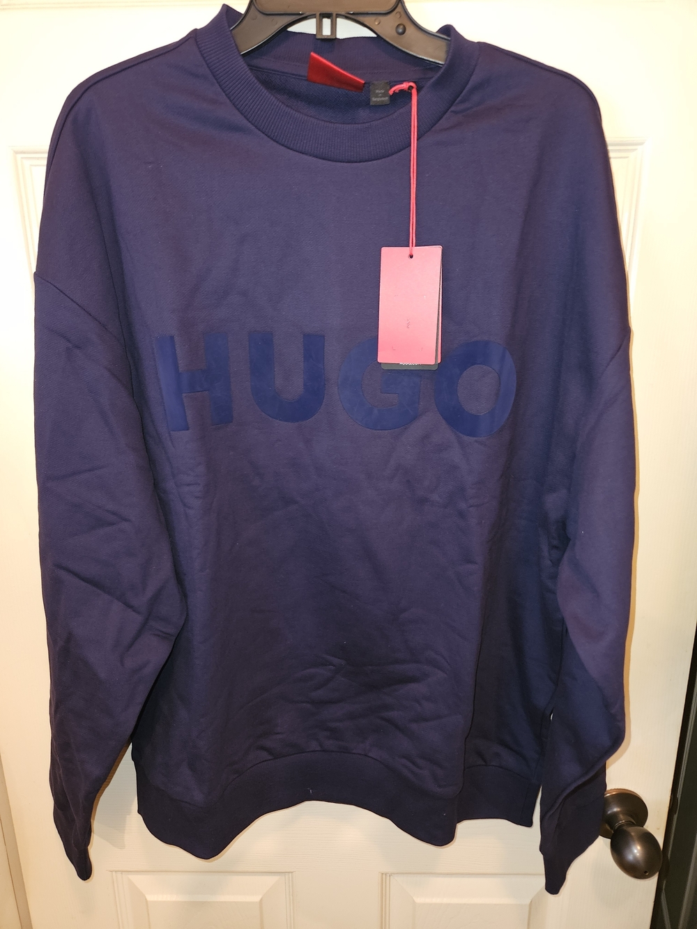 HUGO Men's Deep Navy Embossed-Logo Crewneck Sweater